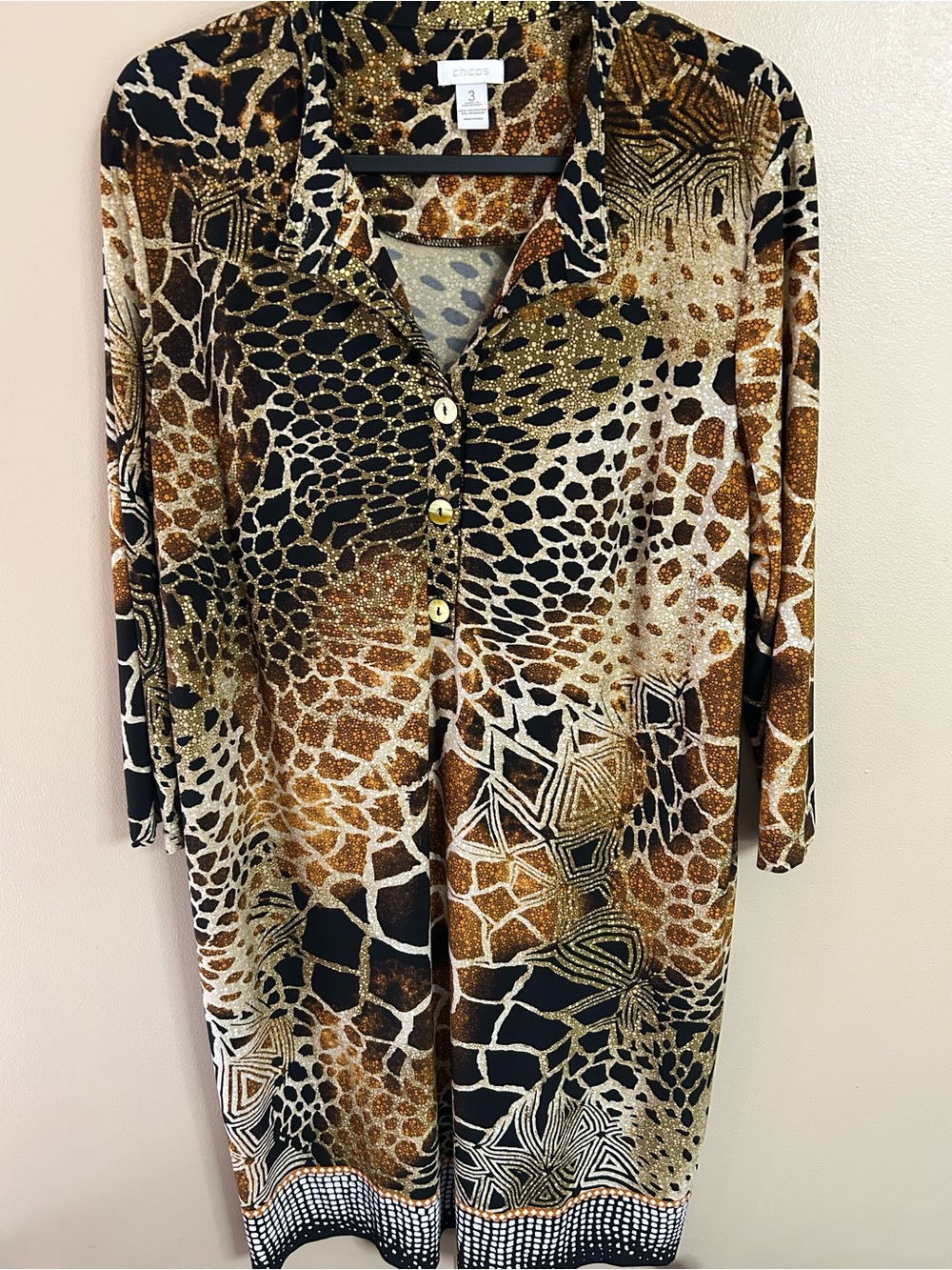 Chico's Metallic Animal Print Button-Front Dress in Gold and Black